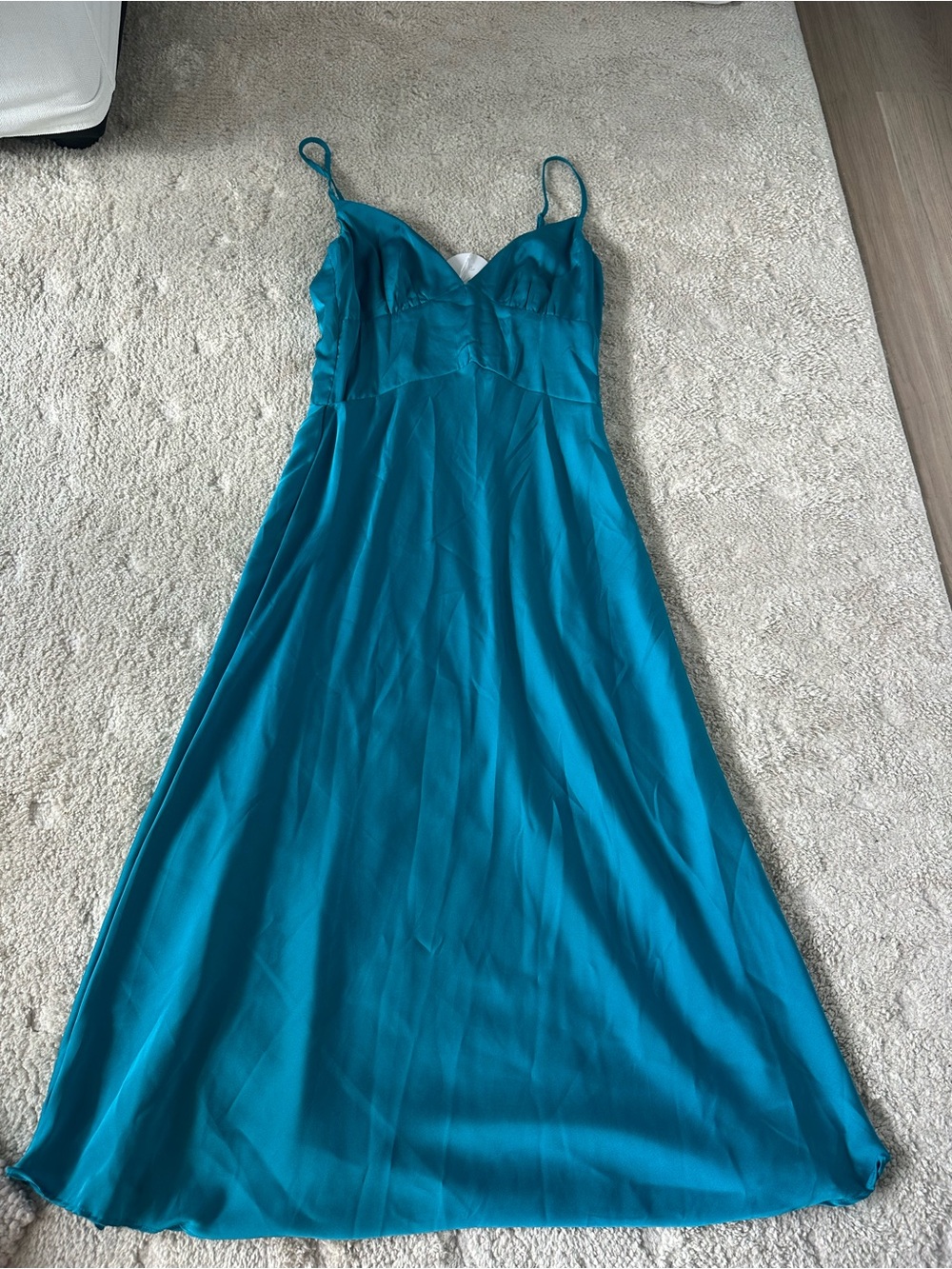 Teal Satin Slip Dress - Spaghetti Straps
